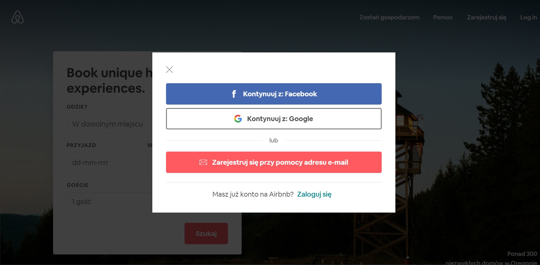 rejestracja konta w Airbnb