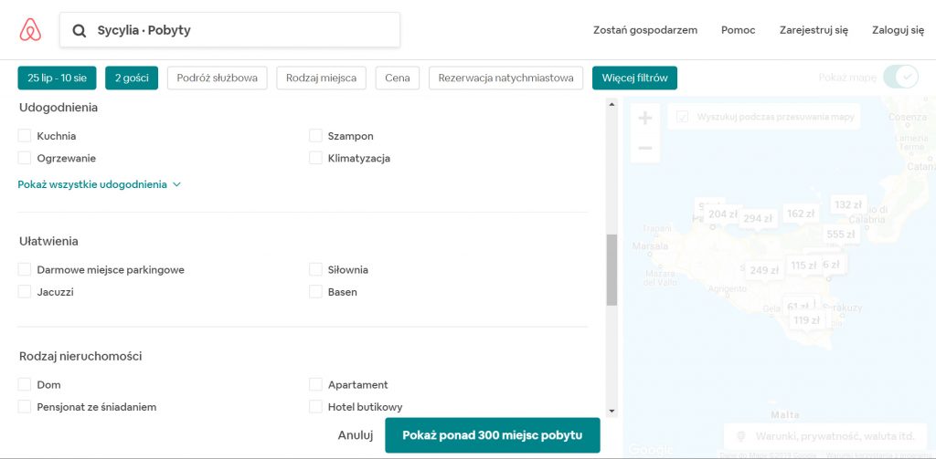 Airbnb więcej filtrów