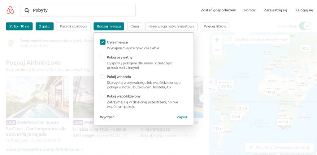 Rodzaj miejsca Airbnb