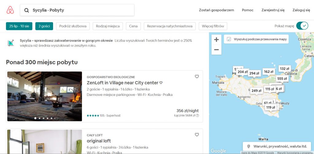 Airbnb lista nieruchomości